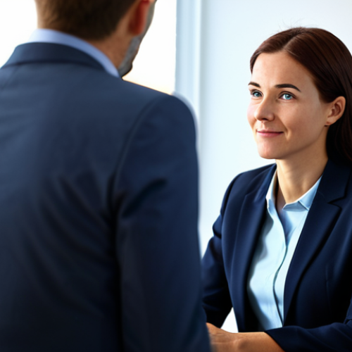 Home 11 A professional, empathetic language program coordinator, fully clothed in a modest business suit, actively listening to a parent during a calm, reassuring conversation in a bright, modern office. The coordinator has a natural pose, exhibiting perfect anatomy and correct proportions, with well-formed hands gently resting on the desk. The background is a blurred, professional office environment with soft, ambient lighting. This image is safe for work, appropriate content, family-friendly, high-resolution, professional photography, natural body proportions.