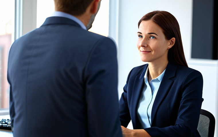A professional, empathetic language program coordinator, fully clothed in a modest business suit, actively listening to a parent during a calm, reassuring conversation in a bright, modern office. The coordinator has a natural pose, exhibiting perfect anatomy and correct proportions, with well-formed hands gently resting on the desk. The background is a blurred, professional office environment with soft, ambient lighting. This image is safe for work, appropriate content, family-friendly, high-resolution, professional photography, natural body proportions.