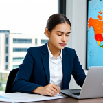 A focused young professional, fully clothed in a modest business casual outfit, sitting at a clean desk. The desk is organized with a laptop displaying a world map, a passport, visa documents, and a notebook with financial plans. The background shows a modern, bright office or study room with large windows. The subject has perfect anatomy, correct proportions, and a natural pose, demonstrating concentration. The image should be professional photography, high resolution, safe for work, appropriate content, fully clothed, family-friendly, well-formed hands, and natural body proportions.