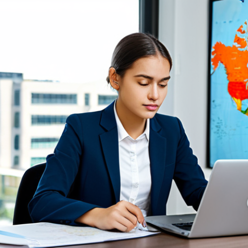 Home 6 A focused young professional, fully clothed in a modest business casual outfit, sitting at a clean desk. The desk is organized with a laptop displaying a world map, a passport, visa documents, and a notebook with financial plans. The background shows a modern, bright office or study room with large windows. The subject has perfect anatomy, correct proportions, and a natural pose, demonstrating concentration. The image should be professional photography, high resolution, safe for work, appropriate content, fully clothed, family-friendly, well-formed hands, and natural body proportions.