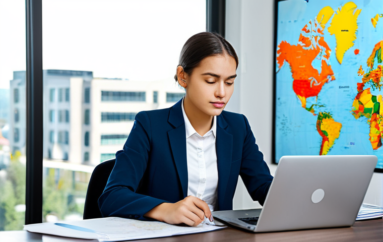 A focused young professional, fully clothed in a modest business casual outfit, sitting at a clean desk. The desk is organized with a laptop displaying a world map, a passport, visa documents, and a notebook with financial plans. The background shows a modern, bright office or study room with large windows. The subject has perfect anatomy, correct proportions, and a natural pose, demonstrating concentration. The image should be professional photography, high resolution, safe for work, appropriate content, fully clothed, family-friendly, well-formed hands, and natural body proportions.