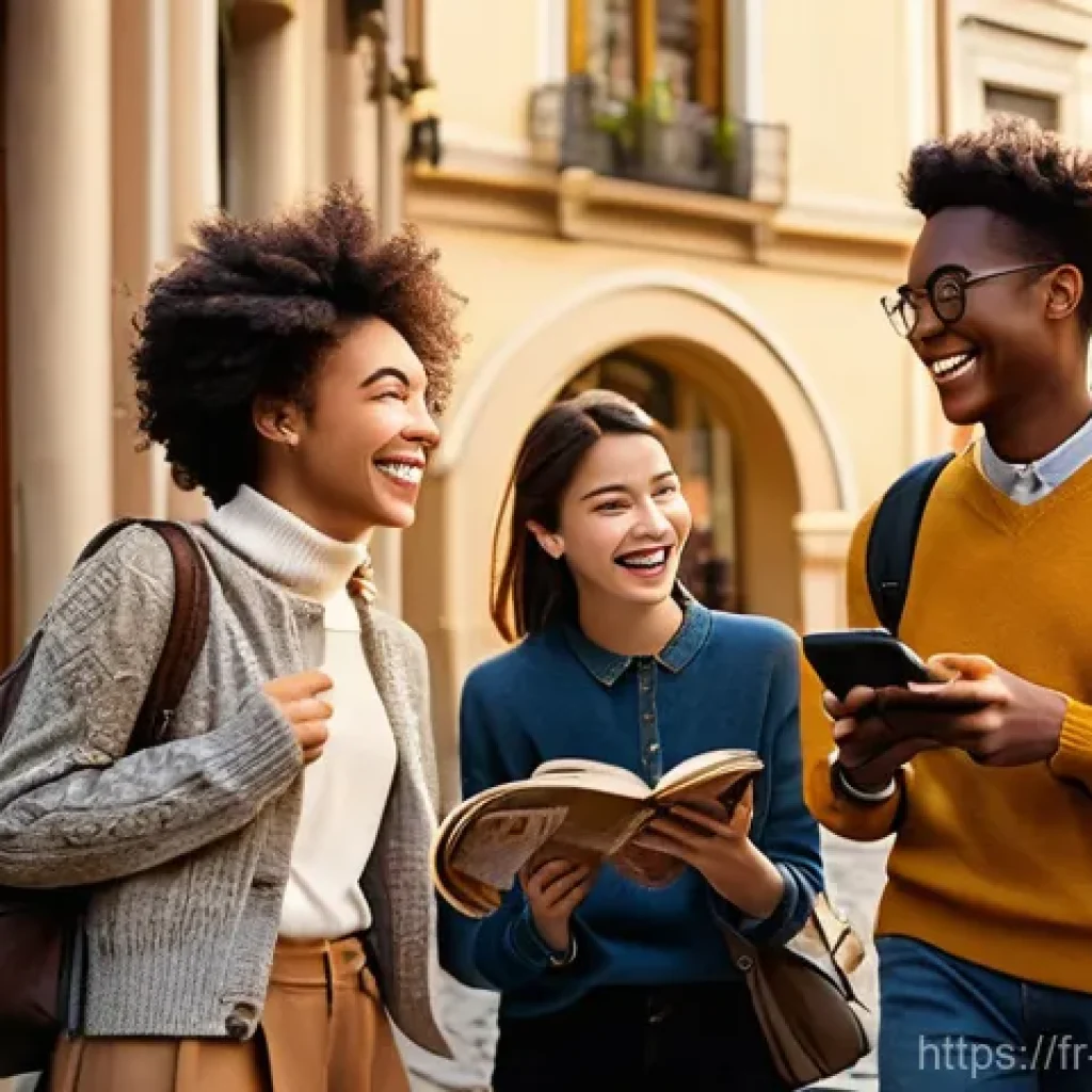 해외연수코디네이터 실기 - **Prompt:** A diverse group of young adult students (three females, two males, aged 18-24) exploring...