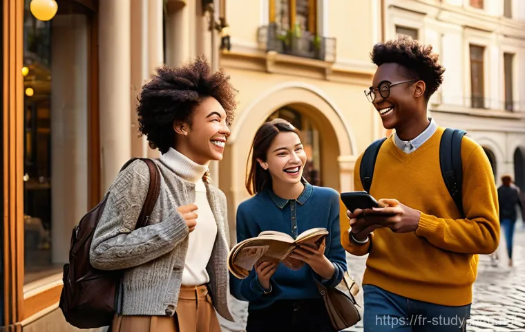 해외연수코디네이터 실기 - **Prompt:** A diverse group of young adult students (three females, two males, aged 18-24) exploring...