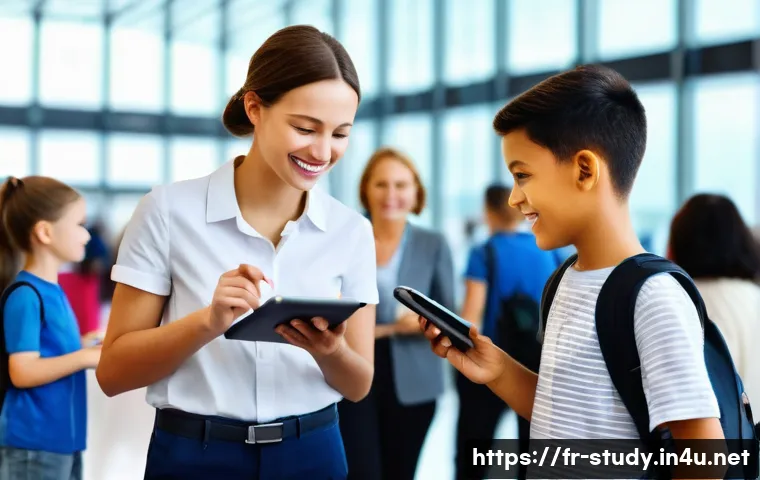 해외연수코디네이터 업무사례 - A professional coordinator warmly welcoming a diverse group of young participants and their parents ...